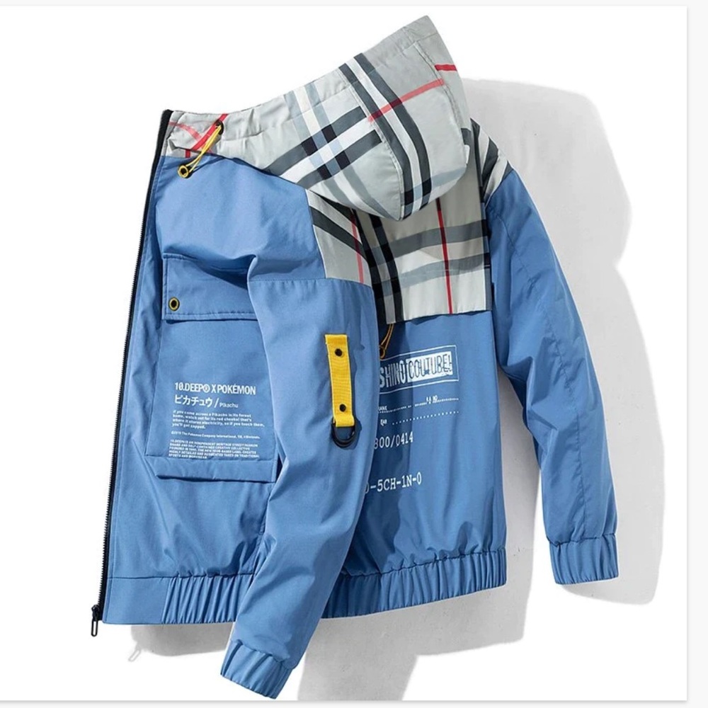 Saunders Blue & Plaid Lightweight Full Zip Hooded Pokémon Jacket Large
